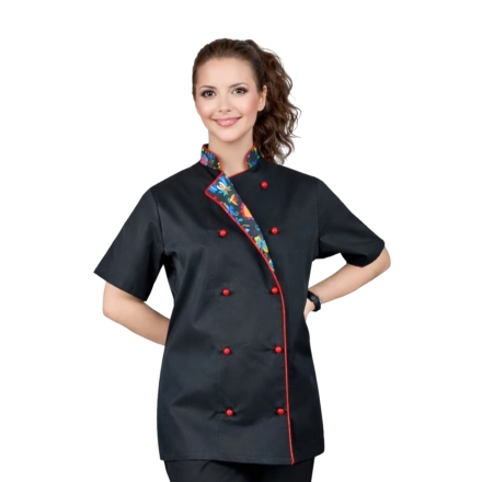 Bluza kucharska damska czarna rękaw krótki lamówka wzór W4 roz. M – bluza kucharska – odzież gastronomiczna